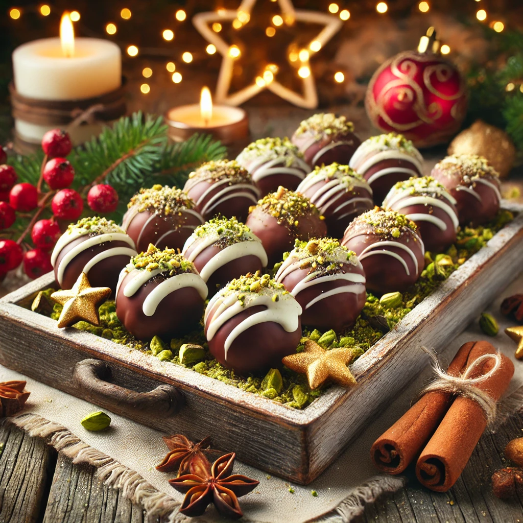 Festive protein-packed chocolate truffles decorated with crushed peppermint and holiday sprinkles, perfect for a healthy Christmas dessert.