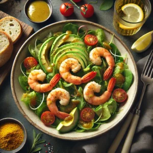 Shrimp and avocado salad with cherry tomatoes, fresh greens, and vinaigrette dressing served in a rustic bowl with bread and lemon on the side.