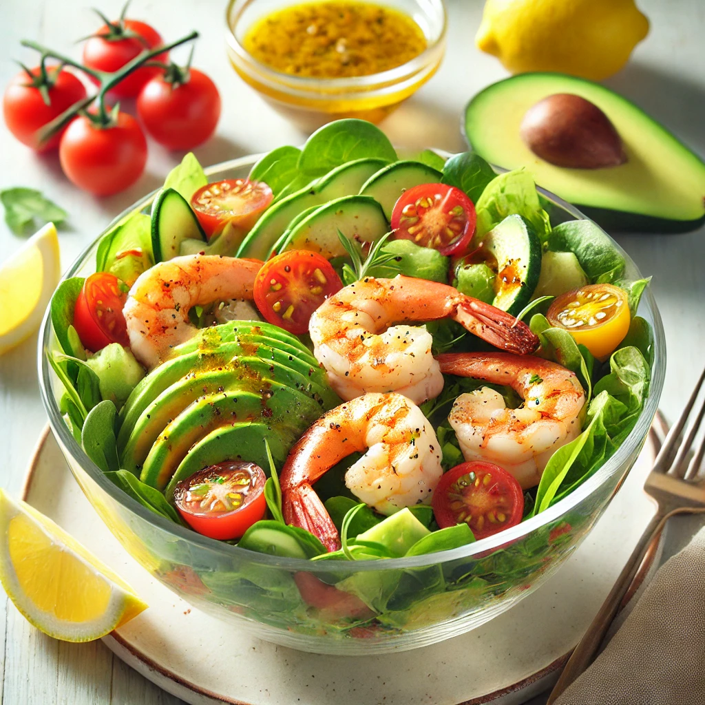 Fresh shrimp and avocado salad with cherry tomatoes, red onion, and a light citrus dressing