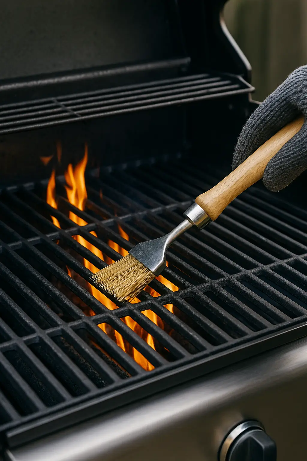 Hand in glove brushing the grill grates with oil as flames rise, preparing for cooking.