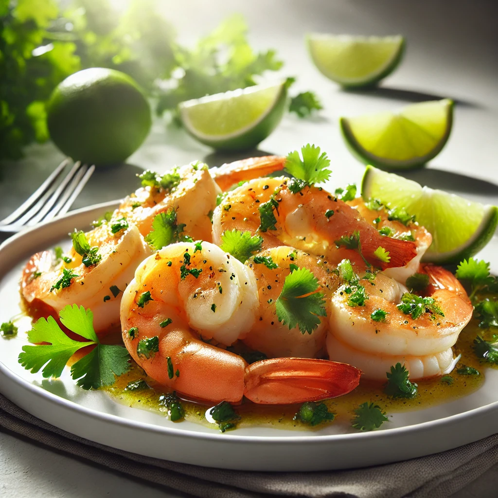 vibrant plate of Garlic Lime Shrimp garnished with fresh cilantro and black pepper, served with lime wedges in a bright, sunlit setting. Perfectly cooked shrimp showcasing a healthy and flavorful dish.