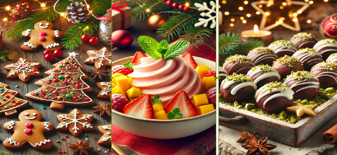 festive Christmas spread featuring three delicious treats: a bowl of creamy strawberry-mango nice cream topped with fresh fruit, a plate of indulgent Christmas chocolate truffles with a glossy finish and holiday decorations, and a stack of gingerbread cookies decorated with white icing in festive shapes like stars, trees, and hearts. The scene evokes a cozy holiday atmosphere with soft red and green background hues."