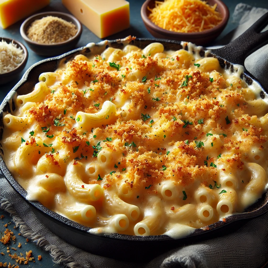 Delicious homemade mac and cheese with gooey cheese pull on a fork.