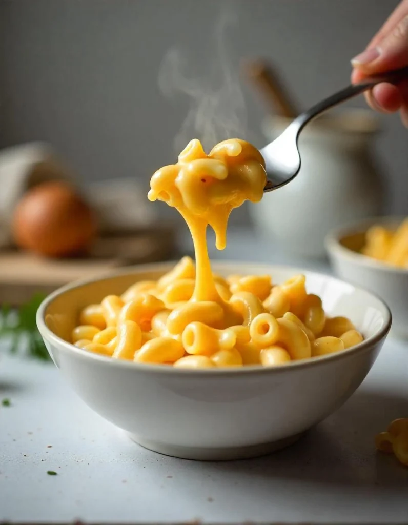 Close-up of creamy mac and cheese topped with crispy breadcrumbs in a baking dish