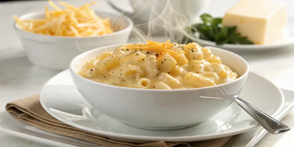Steaming white bowl of creamy homemade macaroni and cheese garnished with shredded cheddar and cracked black pepper, on a white plate with spoon on a marble countertop.