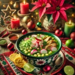 traditional-Mexican-pozole-verde-dish-styled-for-Christmas.-The-dish-is-served-in-a-decorative-