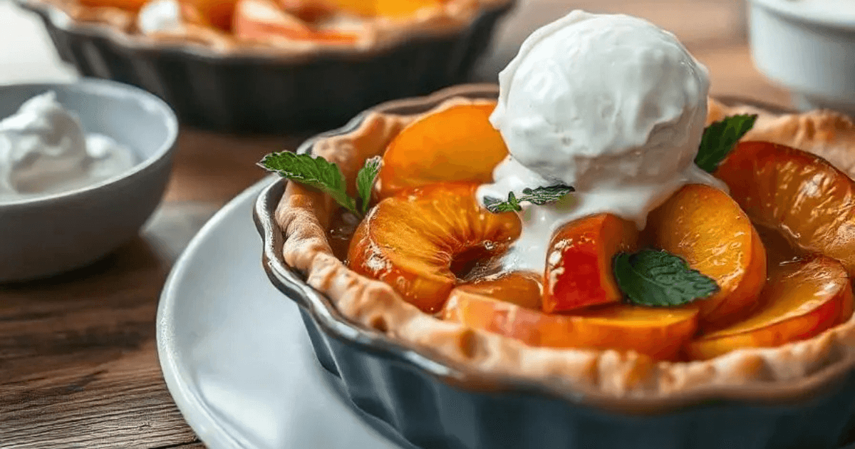 Close-up of peach cobbler topped with a scoop of vanilla ice cream and garnished with fresh mint leaves in a black ceramic dish