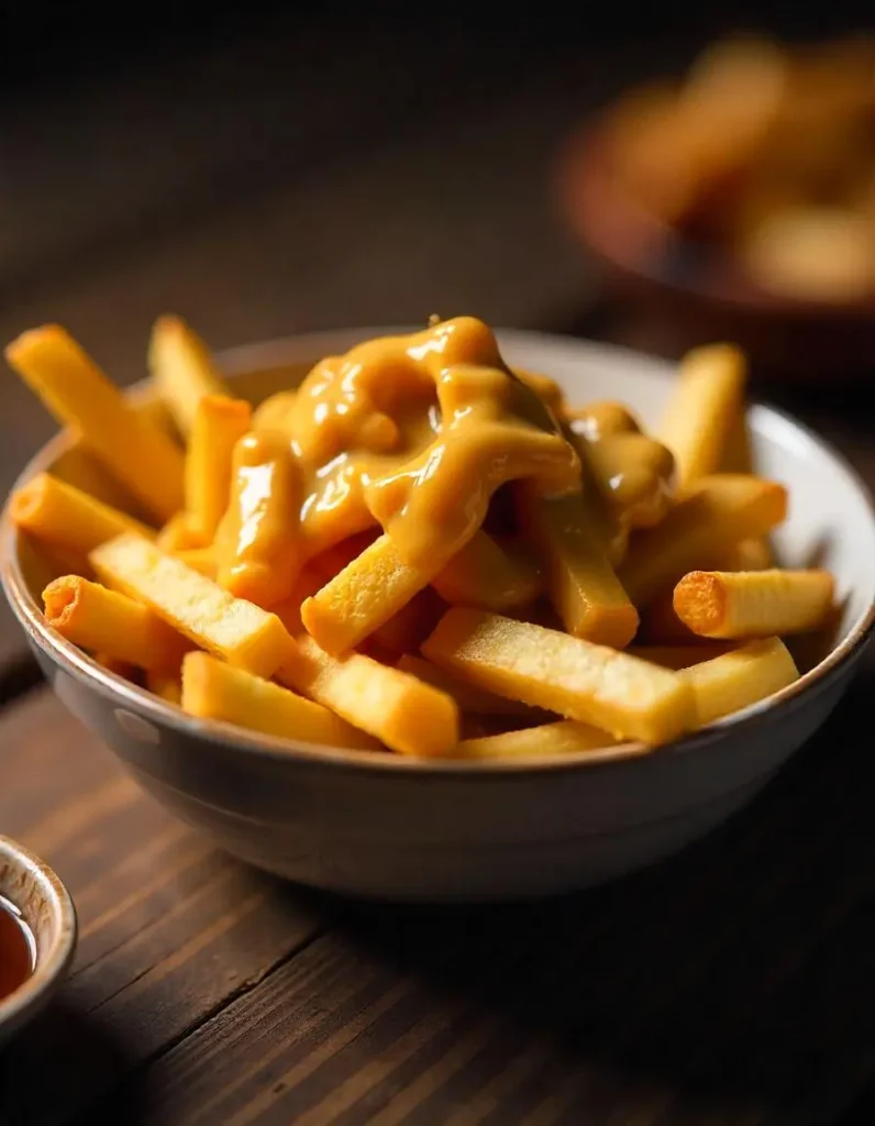 poutine Frensh cheese curds on top of crispy fries, 