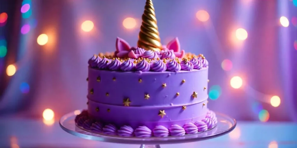  unicorn cake with pastel frosting, golden fondant horn, edible glitter—perfect for birthdays and celebrations