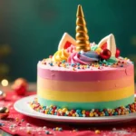 A step-by-step reel of making a colorful unicorn cake with pastel frosting, a golden horn, and magical edible decorations