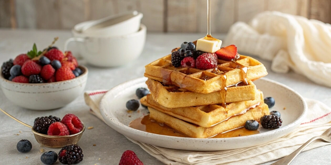 Homemade Belgian-style waffles stacked on a plate, topped with fresh strawberries, blueberries, and syrup - perfect for a cozy international breakfast.