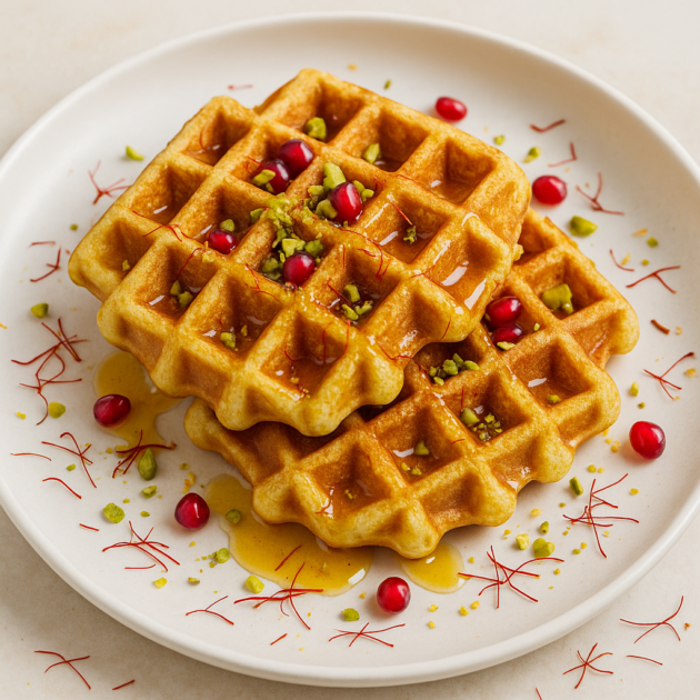 Stack of Moroccan-Belgian waffles drizzled with saffron honey, topped with chopped pistachios and pomegranate seeds, saffron threads scattered on a white plate.