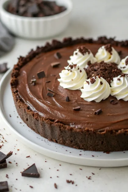 Decadent no-bake chocolate cream pie in an Oreo cookie crust, topped with whipped-cream rosettes and dark-chocolate shavings.