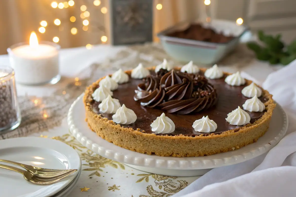 Festive no-bake chocolate cream pie in a buttery graham-cracker crust, topped with whipped-cream rosettes and rich chocolate swirls on a white cake stand.