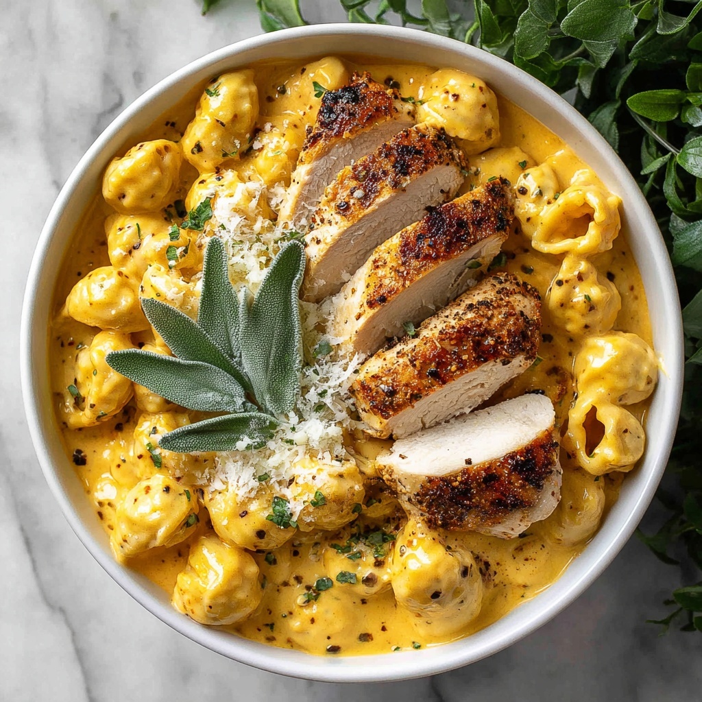 Pumpkin and Roasted Garlic Cream Sauce Fettuccine with Grilled Sage-Rubbed Chicken Recipe - Recipe Image