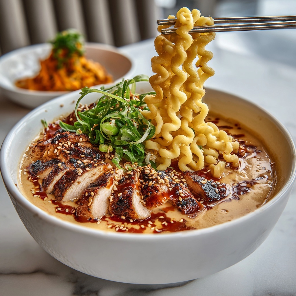 Fiery Chicken Ramen with Creamy Garlic Sauce Recipe - Recipe Image