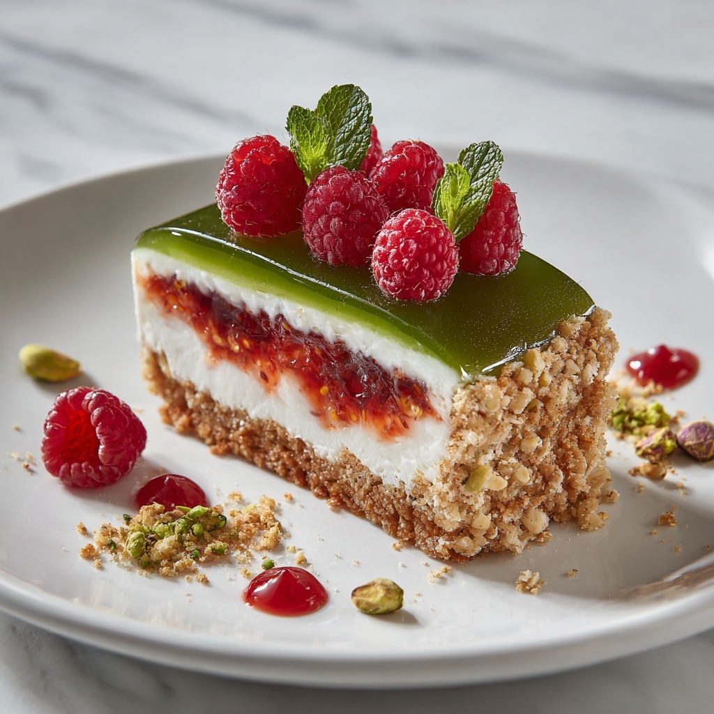 Elegant Pistachio Raspberry Crunch Cheesecake Recipe - Recipe Image