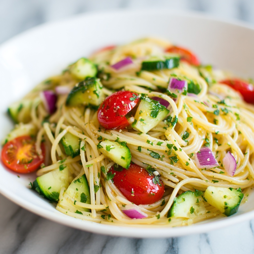 Cold Spaghetti Pasta Salad with Fresh Vegetables and Italian Dressing Recipe - Recipe Image