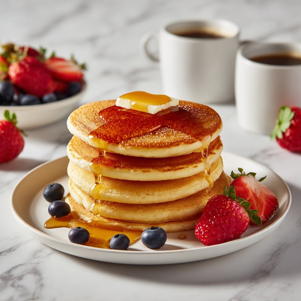 Fluffy Pancakes with Maple Syrup and Fresh Berries Recipe - Recipe Image