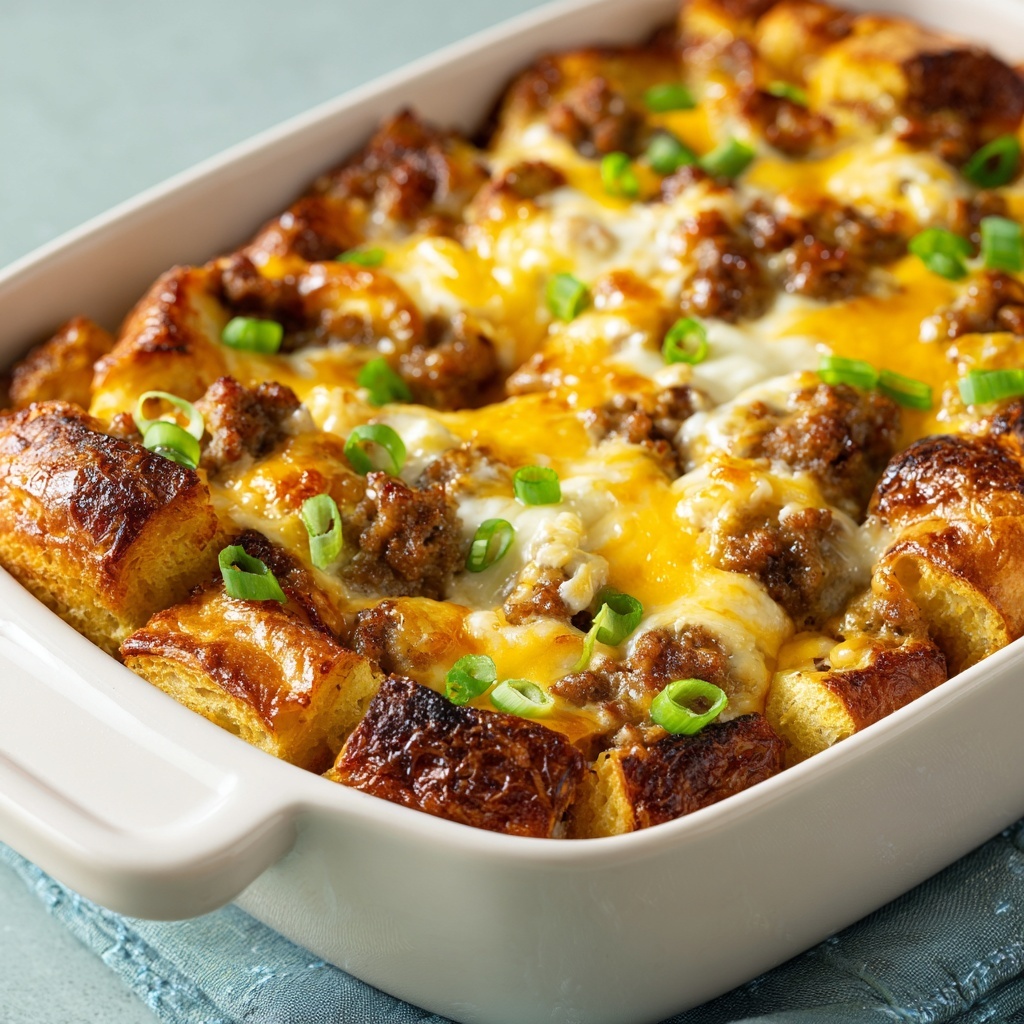 Croissant Breakfast Casserole with Sausage, Cream Cheese, and Green Onions Recipe - Recipe Image